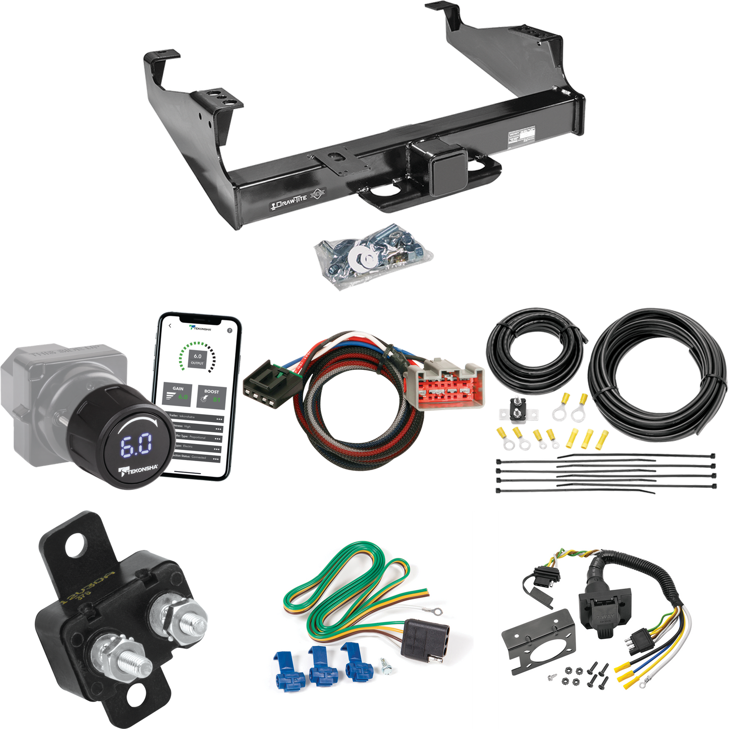 Fits 2017-2023 Ford F-550 Super Duty Trailer Hitch Tow PKG w/ Tekonsha Prodigy iD Bluetooth Wireless Brake Control + Plug & Play BC Adapter + 7-Way RV Wiring (For Cab & Chassis, w/34" Wide Frames Models) By Draw-Tite