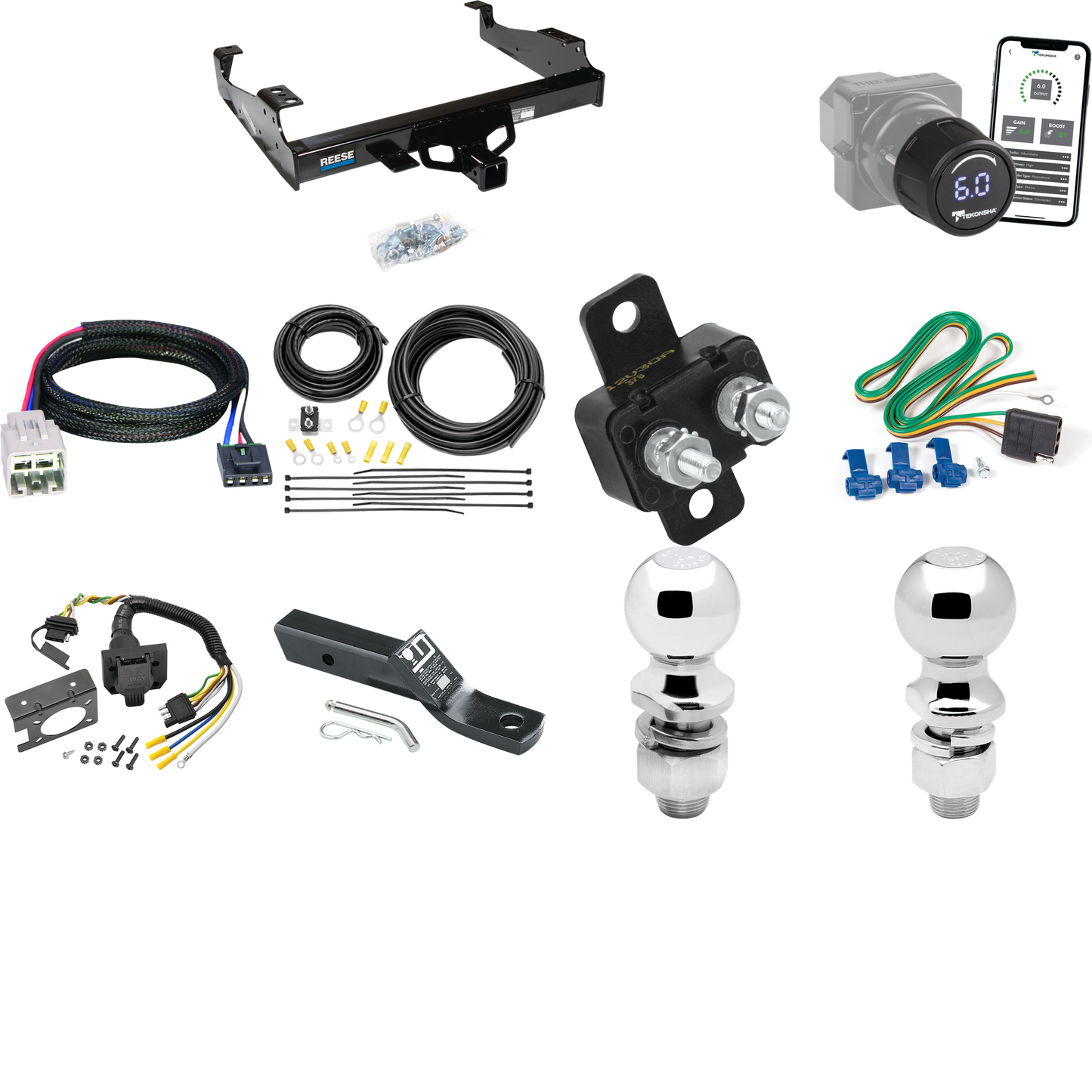 Fits 2005-2007 Ford F-450 Super Duty Trailer Hitch Tow PKG w/ Tekonsha Prodigy iD Bluetooth Wireless Brake Control + Plug & Play BC Adapter + 7-Way RV Wiring + 2" & 2-5/16" Ball & Drop Mount (For Cab & Chassis, w/34" Wide Frames Models) By Reese Towp