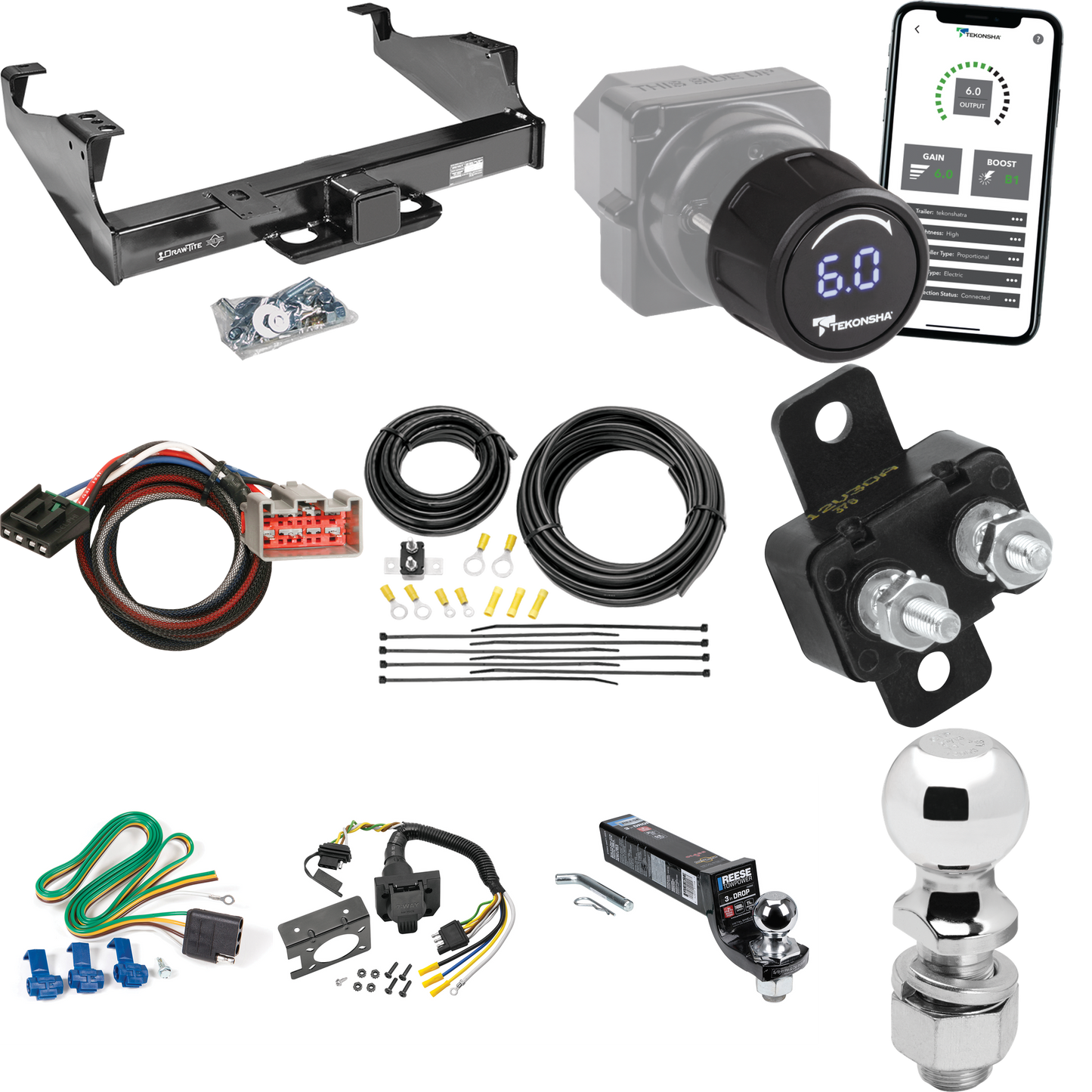 Fits 2008-2016 Ford F-450 Super Duty Trailer Hitch Tow PKG w/ Tekonsha Prodigy iD Bluetooth Wireless Brake Control + Plug & Play BC Adapter + 7-Way RV Wiring + 2" & 2-5/16" Ball & Drop Mount (For Cab & Chassis, w/34" Wide Frames Models) By Draw-Tite