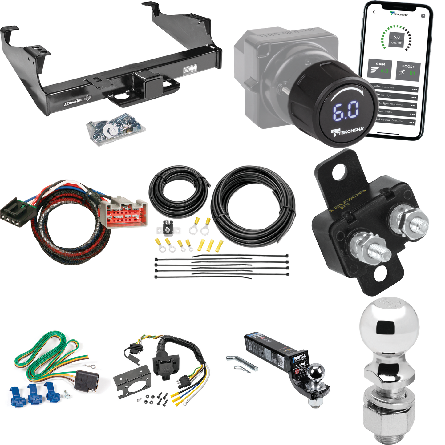 Fits 2017-2023 Ford F-450 Super Duty Trailer Hitch Tow PKG w/ Tekonsha Prodigy iD Bluetooth Wireless Brake Control + Plug & Play BC Adapter + 7-Way RV Wiring + 2" & 2-5/16" Ball & Drop Mount (For Cab & Chassis, w/34" Wide Frames Models) By Draw-Tite