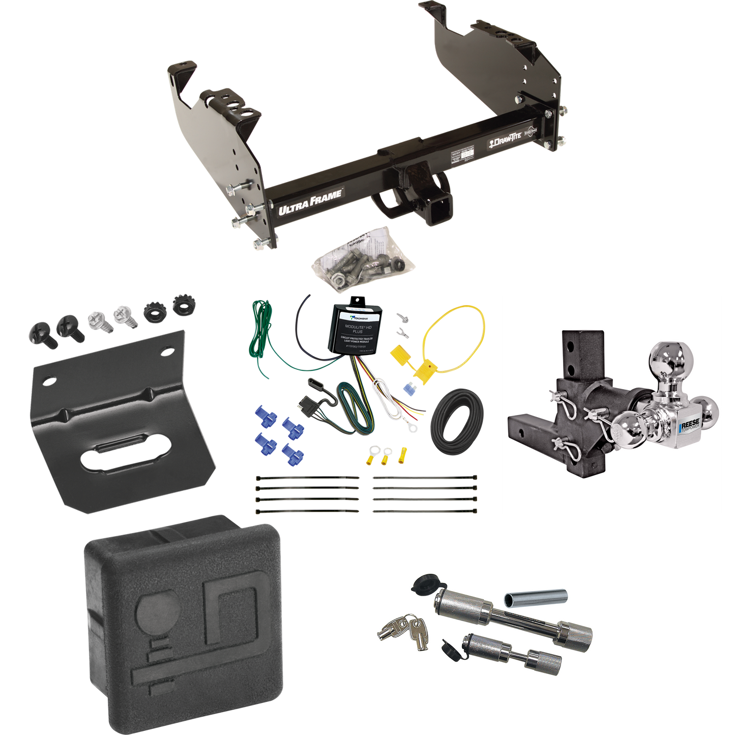 Fits 2020-2021 Ford F-550 Super Duty Trailer Hitch Tow PKG w/ 4-Flat Wiring Harness + Adjustable Drop Rise Triple Ball Ball Mount 1-7/8" & 2" & 2-5/16" Trailer Balls + Dual Hitch & Coupler Locks + Hitch Cover + Wiring Bracket (For Cab & Chassis, w/34