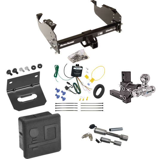 Fits 2020-2021 Ford F-550 Super Duty Trailer Hitch Tow PKG w/ 4-Flat Wiring Harness + Adjustable Drop Rise Triple Ball Ball Mount 1-7/8" & 2" & 2-5/16" Trailer Balls + Dual Hitch & Coupler Locks + Hitch Cover + Wiring Bracket (For Cab & Chassis, w/34