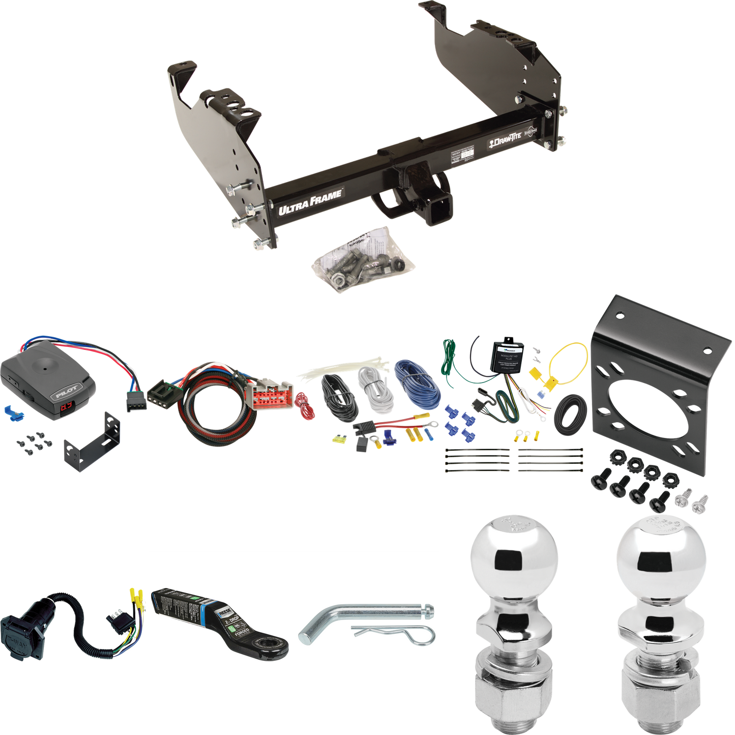 Fits 2020-2021 Ford F-550 Super Duty Trailer Hitch Tow PKG w/ Pro Series Pilot Brake Control + Plug & Play BC Adapter + 7-Way RV Wiring + 2" & 2-5/16" Ball & Drop Mount (For Cab & Chassis, w/34" Wide Frames Models) By Draw-Tite