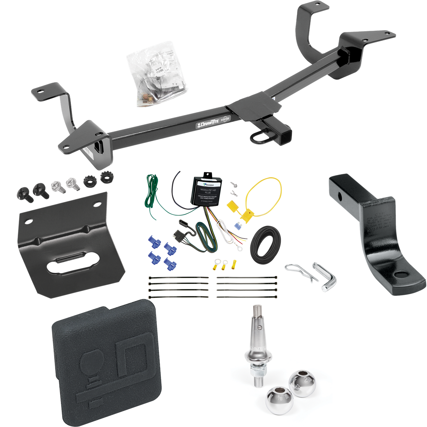 Fits 2014-2019 Ford Fiesta Trailer Hitch Tow PKG w/ 4-Flat Wiring Harness + Draw-Bar + Interchangeable 1-7/8" & 2" Balls + Wiring Bracket + Hitch Cover (For Sedan Models) By Draw-Tite