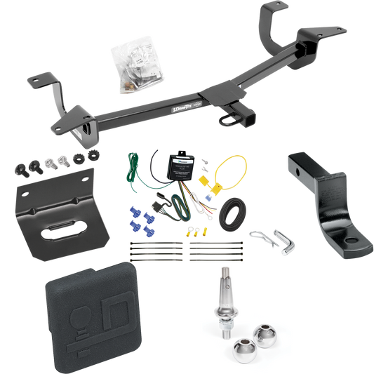 Fits 2014-2019 Ford Fiesta Trailer Hitch Tow PKG w/ 4-Flat Wiring Harness + Draw-Bar + Interchangeable 1-7/8" & 2" Balls + Wiring Bracket + Hitch Cover (For Sedan Models) By Draw-Tite