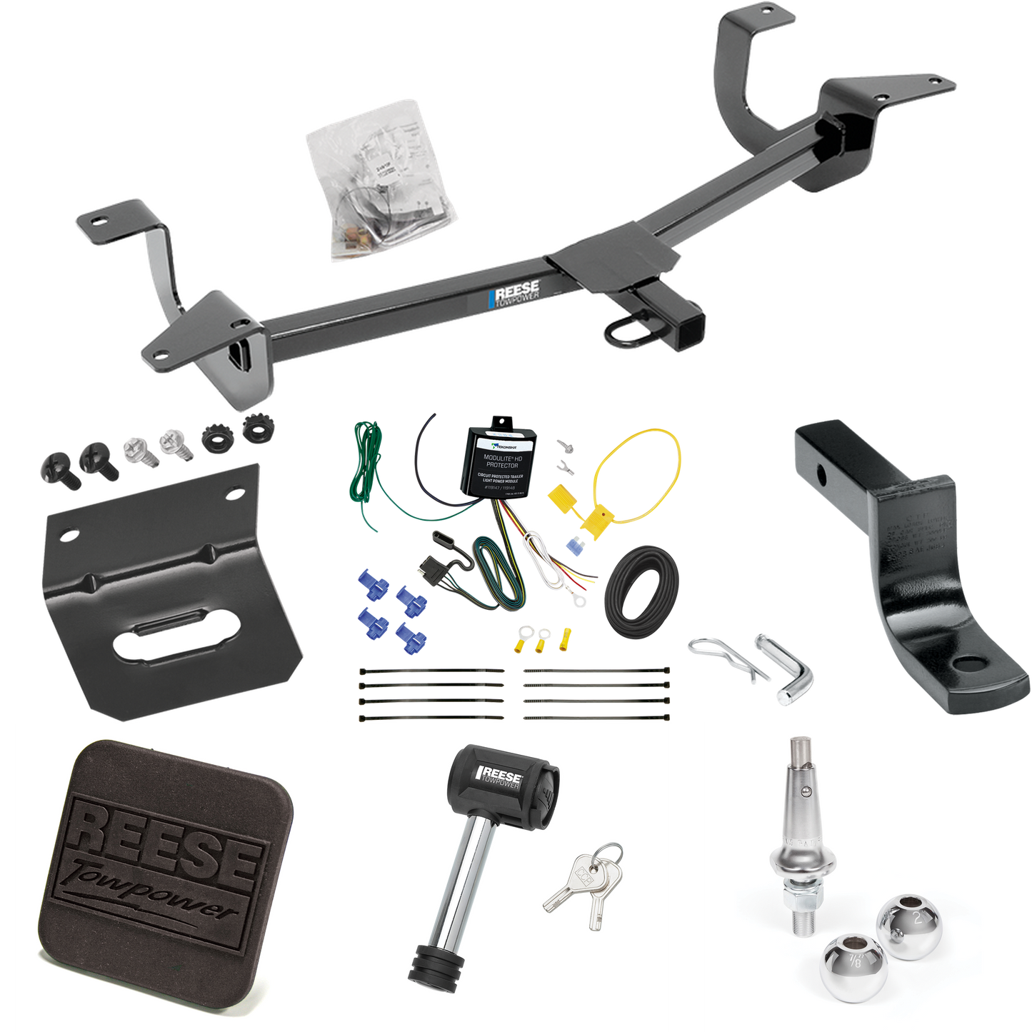 Fits 2014-2019 Ford Fiesta Trailer Hitch Tow PKG w/ 4-Flat Wiring Harness + Draw-Bar + Interchangeable 1-7/8" & 2" Balls + Wiring Bracket + Hitch Cover + Hitch Lock (For Sedan Models) By Reese Towpower