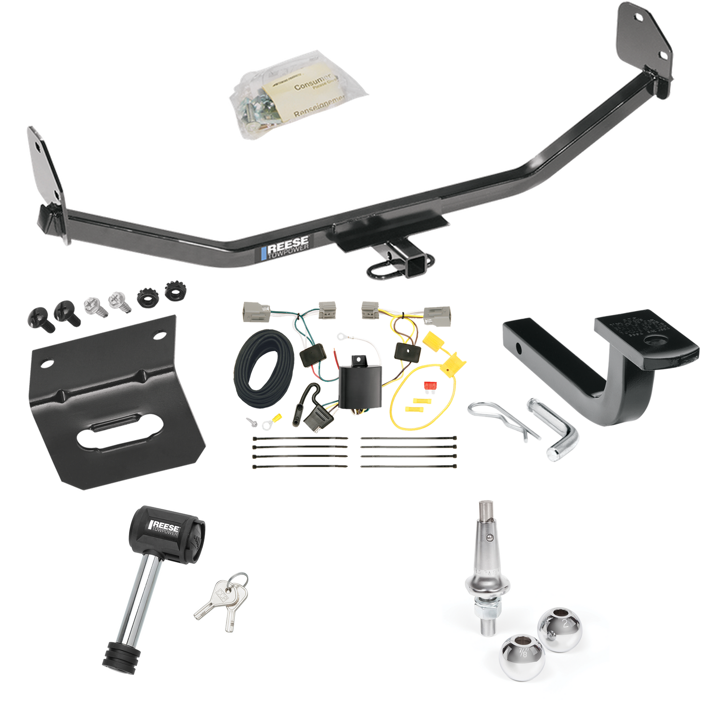 Fits 2011-2014 Ford Mustang Trailer Hitch Tow PKG w/ 4-Flat Wiring Harness + Draw-Bar + Interchangeable 1-7/8" & 2" Balls + Wiring Bracket + Hitch Lock (For w/V8 Engine Models) By Reese Towpower