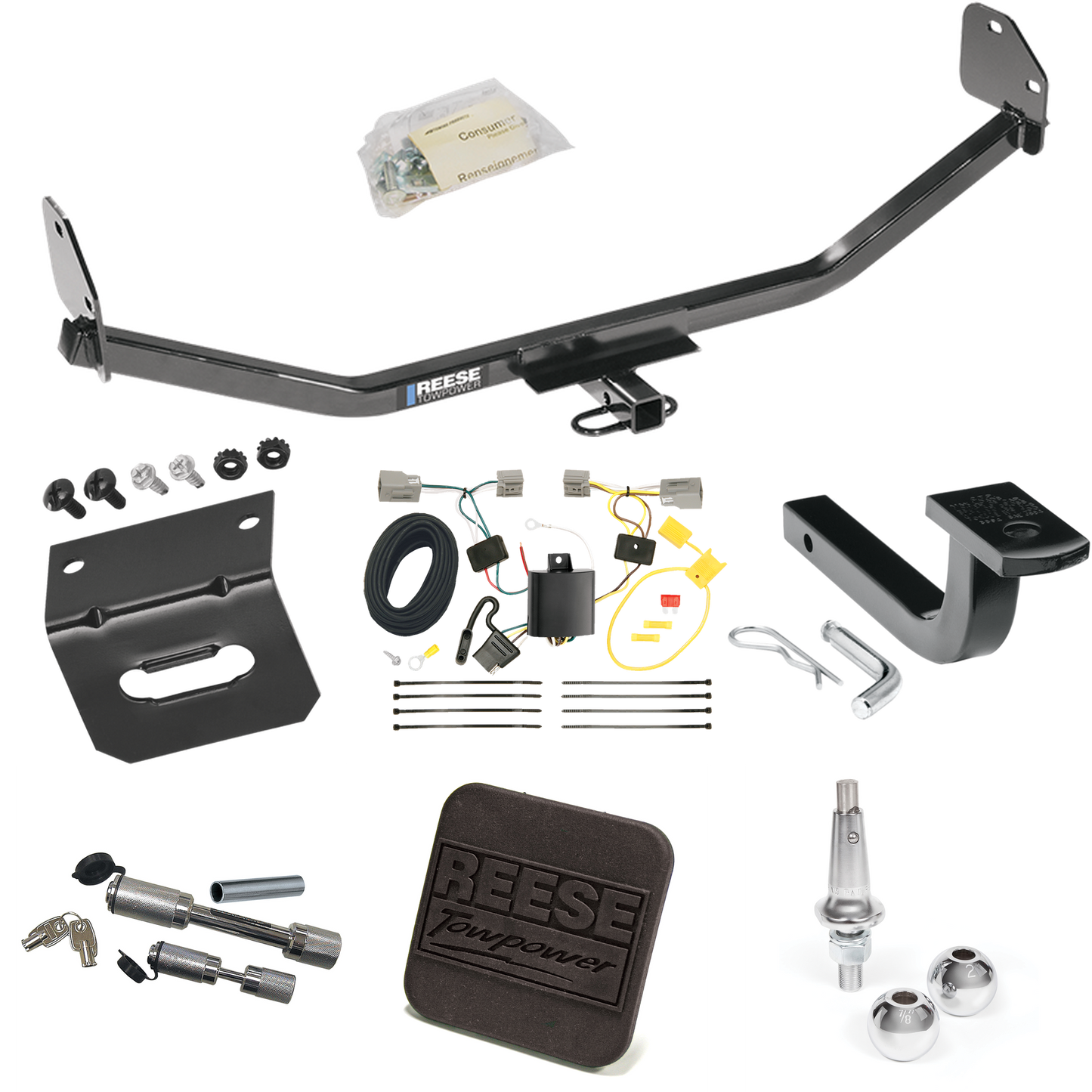 Fits 2011-2014 Ford Mustang Trailer Hitch Tow PKG w/ 4-Flat Wiring Harness + Draw-Bar + Interchangeable 1-7/8" & 2" Balls + Wiring Bracket + Hitch Cover + Dual Hitch & Coupler Locks (For w/V8 Engine Models) By Reese Towpower