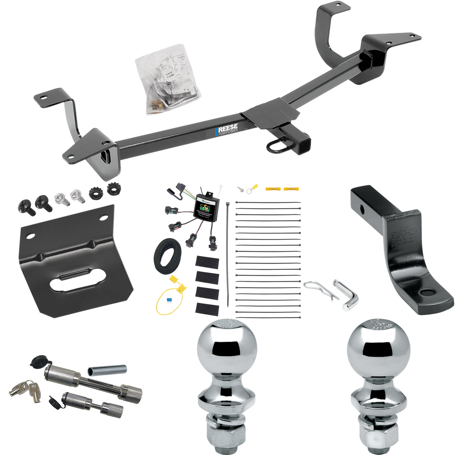 Fits 2014-2019 Ford Fiesta Trailer Hitch Tow PKG w/ 4-Flat Zero Contact "No Splice" Wiring Harness + Draw-Bar + 1-7/8" + 2" Ball + Wiring Bracket + Dual Hitch & Coupler Locks (For Sedan Models) By Reese Towpower