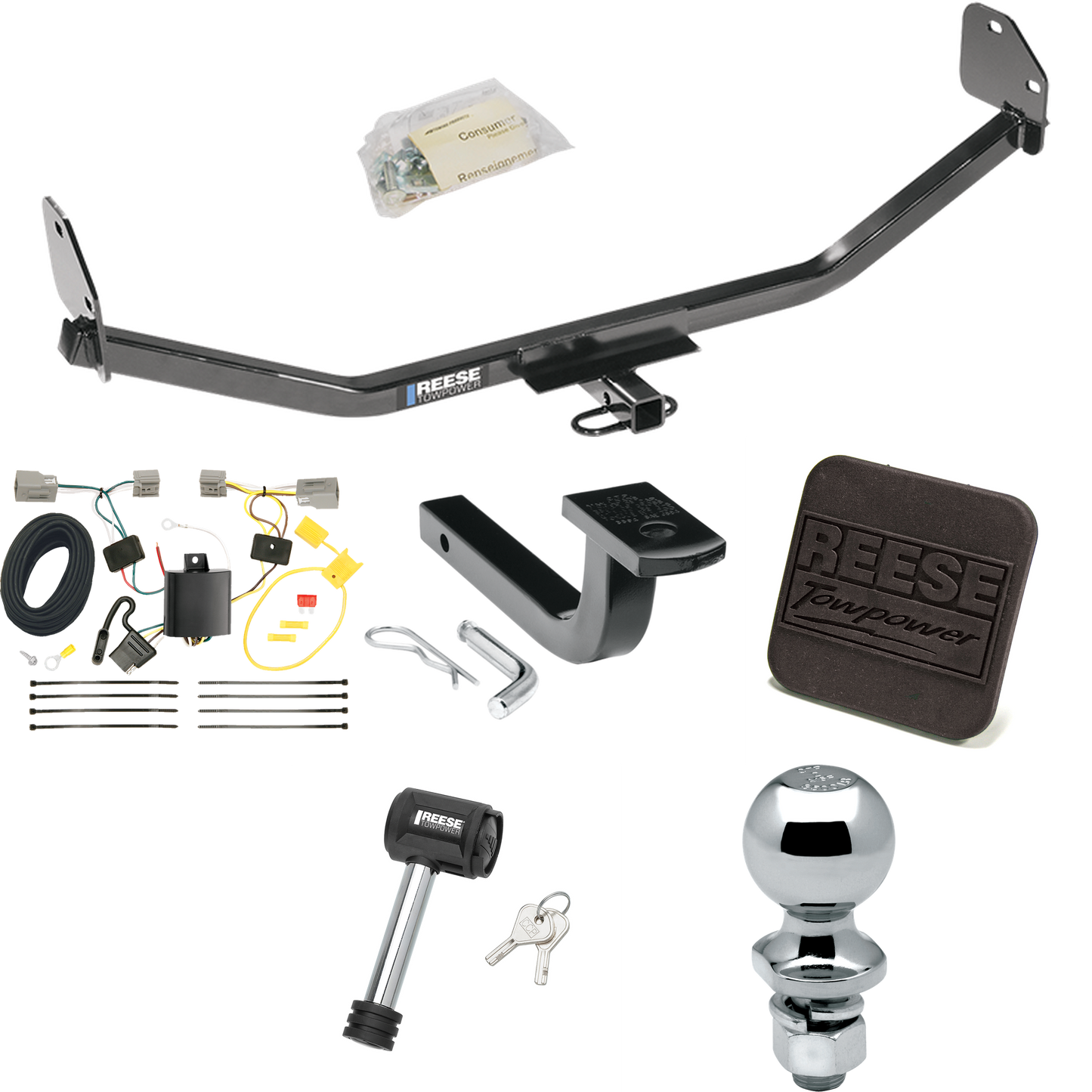 Se adapta al paquete de remolque con enganche para remolque Ford Mustang 2011-2014 con arnés de cableado de 4 planos + barra de tracción + bola de 2" + cubierta de enganche + bloqueo de enganche (para modelos con motor V8) de Reese Towpower