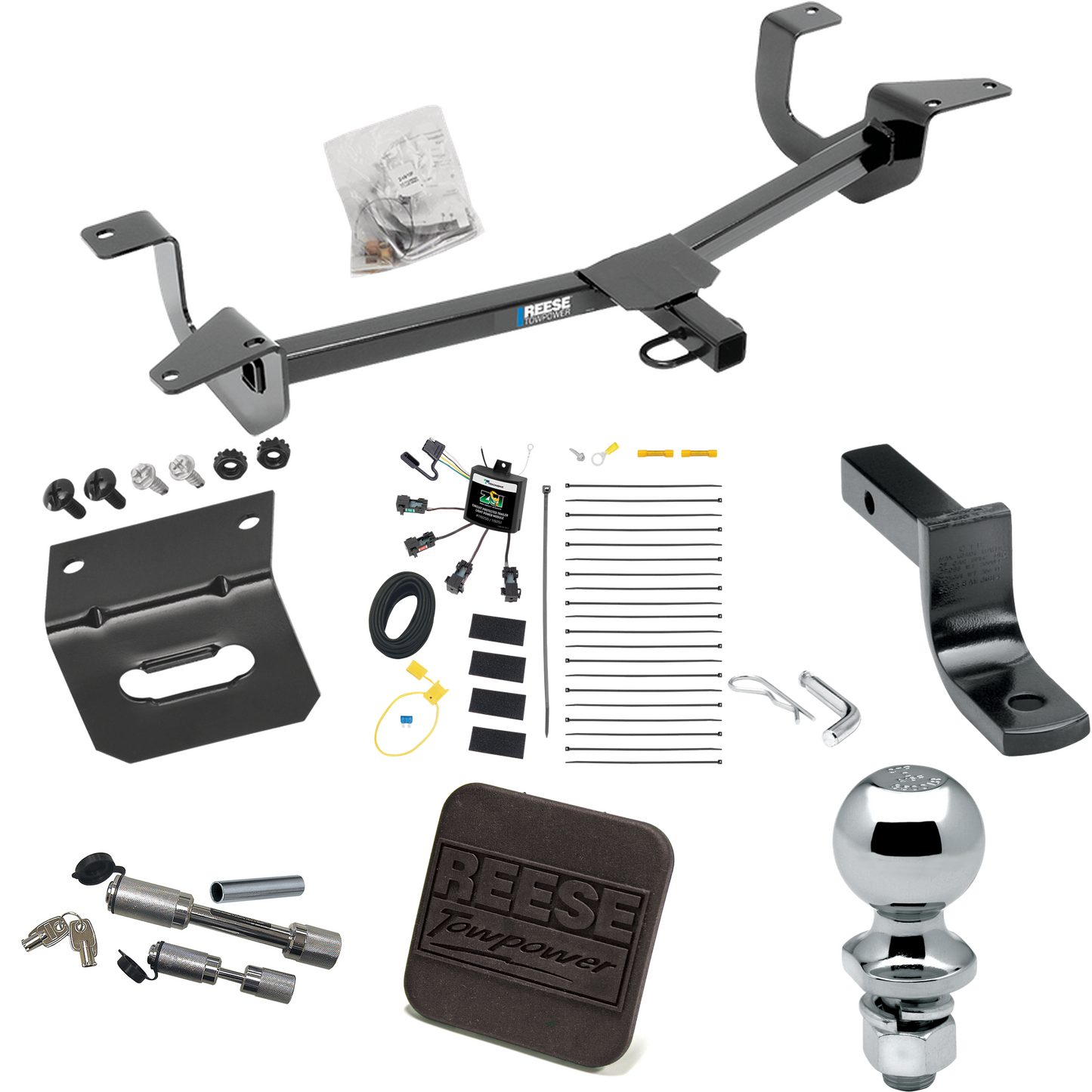 Fits 2014-2019 Ford Fiesta Trailer Hitch Tow PKG w/ 4-Flat Zero Contact "No Splice" Wiring Harness + Draw-Bar + 2" Ball + Wiring Bracket + Hitch Cover + Dual Hitch & Coupler Locks (For Sedan Models) By Reese Towpower