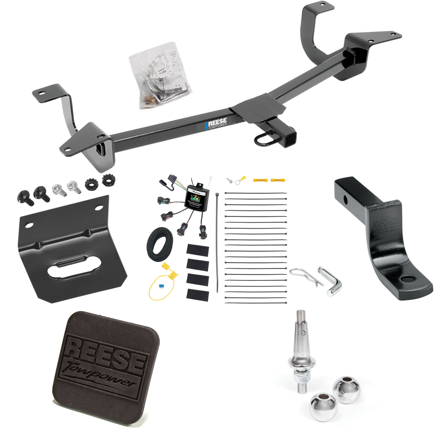 Fits 2014-2019 Ford Fiesta Trailer Hitch Tow PKG w/ 4-Flat Zero Contact "No Splice" Wiring Harness + Draw-Bar + Interchangeable 1-7/8" & 2" Balls + Wiring Bracket + Hitch Cover (For Sedan Models) By Reese Towpower