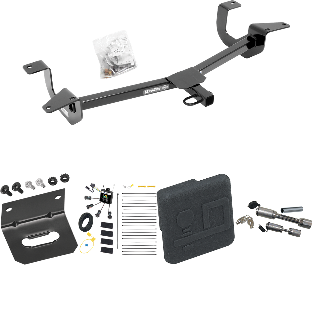 Fits 2014-2019 Ford Fiesta Trailer Hitch Tow PKG w/ 4-Flat Zero Contact "No Splice" Wiring Harness + Hitch Cover + Dual Hitch & Coupler Locks (For Sedan Models) By Draw-Tite