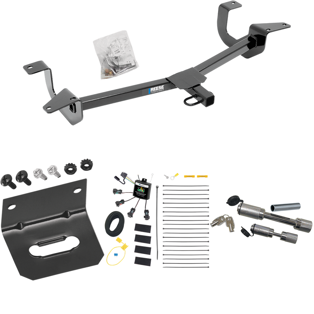 Fits 2014-2019 Ford Fiesta Trailer Hitch Tow PKG w/ 4-Flat Zero Contact "No Splice" Wiring Harness + Wiring Bracket + Dual Hitch & Coupler Locks (For Sedan Models) By Reese Towpower