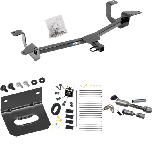 Fits 2014-2019 Ford Fiesta Trailer Hitch Tow PKG w/ 4-Flat Zero Contact "No Splice" Wiring Harness + Wiring Bracket + Dual Hitch & Coupler Locks (For Sedan Models) By Reese Towpower