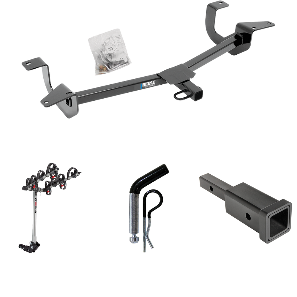 Fits 2014-2019 Ford Fiesta Trailer Hitch Tow PKG w/ Hitch Adapter 1-1/4" to 2" Receiver + 1/2" Pin & Clip + 4 Bike Carrier Rack (For Sedan Models) By Reese Towpower