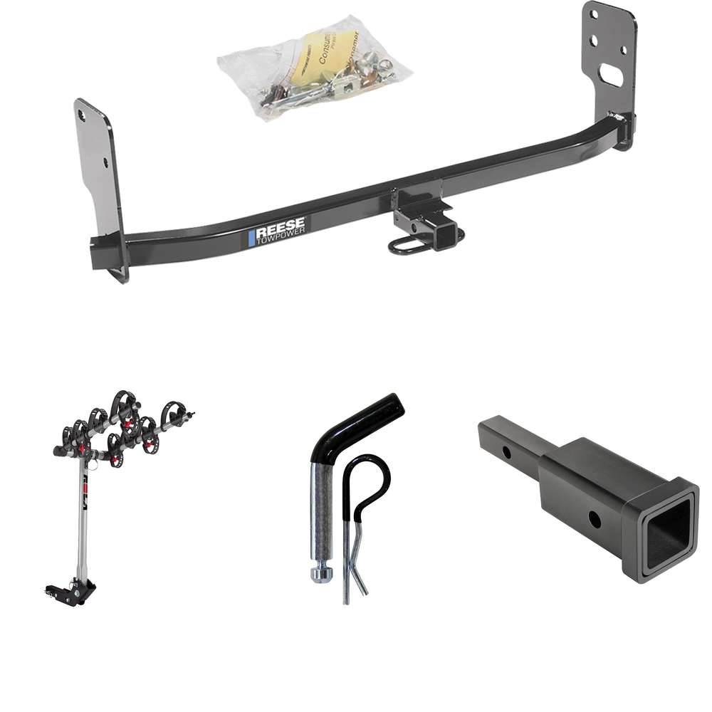 Fits 2005-2009 Ford Mustang Trailer Hitch Tow PKG w/ Hitch Adapter 1-1/4" to 2" Receiver + 1/2" Pin & Clip + 4 Bike Carrier Rack (Excludes: GT/CS (California Special)/Shelby GT/GT500 Models) By Reese Towpower