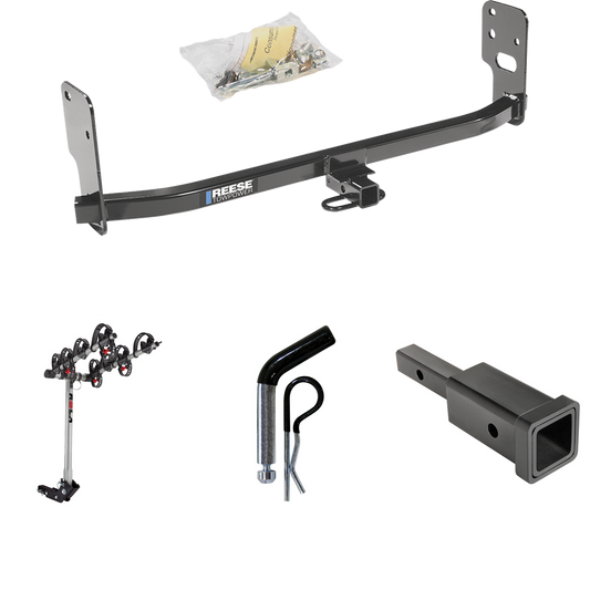 Fits 2005-2009 Ford Mustang Trailer Hitch Tow PKG w/ Hitch Adapter 1-1/4" to 2" Receiver + 1/2" Pin & Clip + 4 Bike Carrier Rack (Excludes: GT/CS (California Special)/Shelby GT/GT500 Models) By Reese Towpower