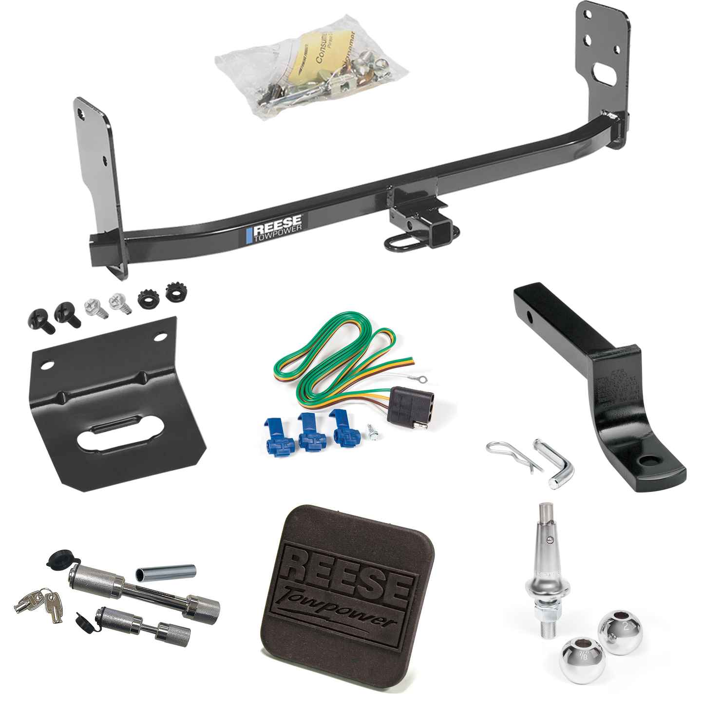 Fits 2005-2009 Ford Mustang Trailer Hitch Tow PKG w/ 4-Flat Wiring Harness + Draw-Bar + Interchangeable 1-7/8" & 2" Balls + Wiring Bracket + Hitch Cover + Dual Hitch & Coupler Locks (Excludes: GT/CS (California Special)/Shelby GT/GT500 Models) By Ree