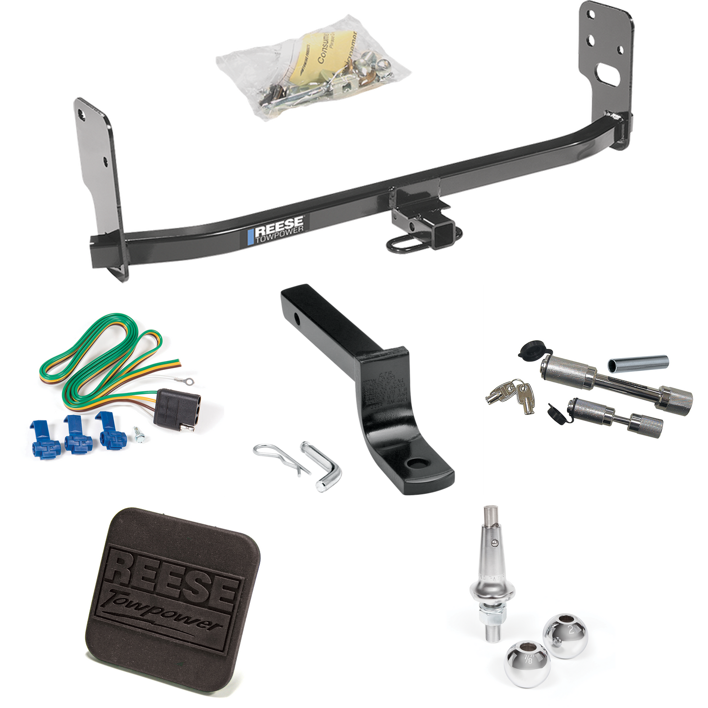 Fits 2005-2009 Ford Mustang Trailer Hitch Tow PKG w/ 4-Flat Wiring Harness + Draw-Bar + Interchangeable 1-7/8" & 2" Balls + Hitch Cover + Dual Hitch & Coupler Locks (Excludes: GT/CS (California Special)/Shelby GT/GT500 Models) By Reese Towpower