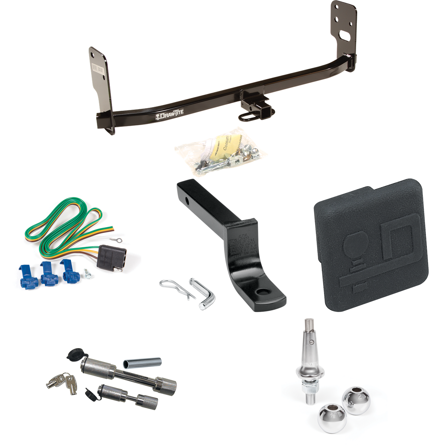 Fits 2005-2009 Ford Mustang Trailer Hitch Tow PKG w/ 4-Flat Wiring Harness + Draw-Bar + Interchangeable 1-7/8" & 2" Balls + Hitch Cover + Dual Hitch & Coupler Locks (Excludes: GT/CS (California Special)/Shelby GT/GT500 Models) By Draw-Tite