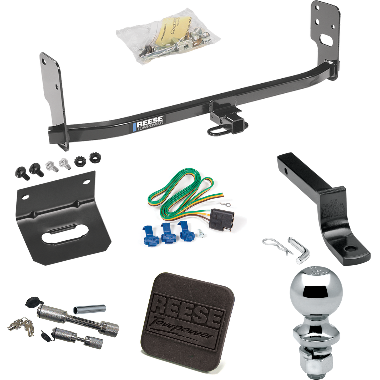 Fits 2005-2009 Ford Mustang Trailer Hitch Tow PKG w/ 4-Flat Wiring Harness + Draw-Bar + 2" Ball + Wiring Bracket + Hitch Cover + Dual Hitch & Coupler Locks (Excludes: GT/CS (California Special)/Shelby GT/GT500 Models) By Reese Towpower