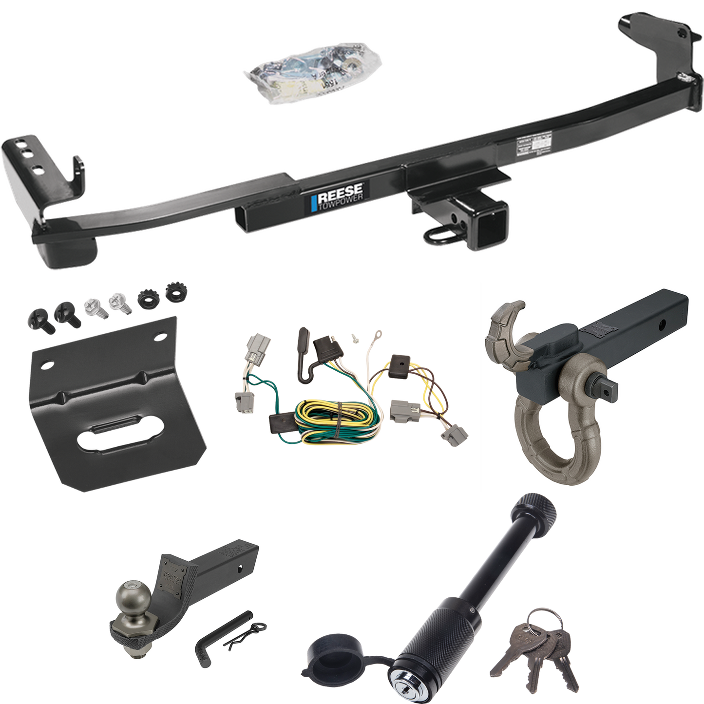 Fits 2005-2007 Ford Five Hundred Trailer Hitch Tow PKG w/ 4-Flat Wiring + Interlock Tactical Starter Kit w/ 2" Drop & 2" Ball + Tactical Hook & Shackle Mount + Tactical Dogbone Lock + Wiring Bracket By Reese Towpower