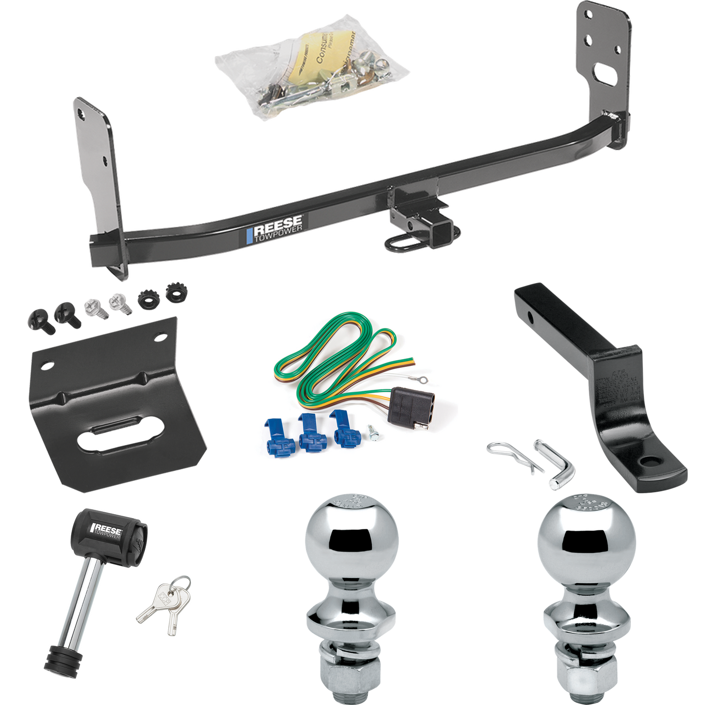 Fits 2005-2009 Ford Mustang Trailer Hitch Tow PKG w/ 4-Flat Wiring Harness + Draw-Bar + 1-7/8" + 2" Ball + Wiring Bracket + Hitch Lock (Excludes: GT/CS (California Special)/Shelby GT/GT500 Models) By Reese Towpower