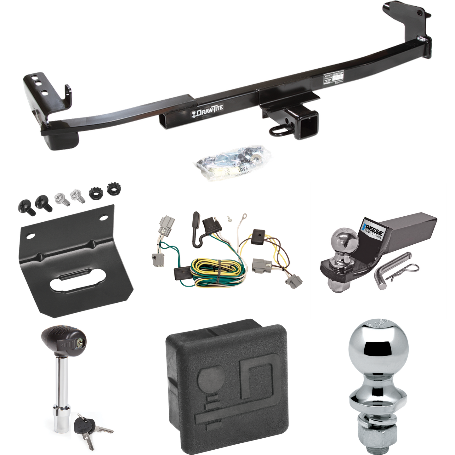 Fits 2005-2007 Ford Freestyle Trailer Hitch Tow PKG w/ 4-Flat Wiring + Starter Kit Ball Mount w/ 2" Drop & 2" Ball + 1-7/8" Ball + Wiring Bracket + Hitch Lock + Hitch Cover By Draw-Tite