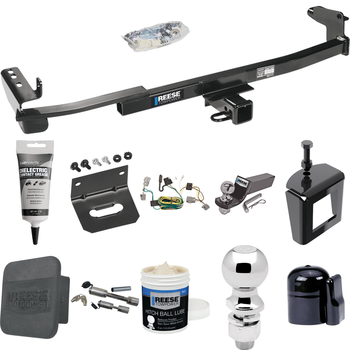 Fits 2005-2007 Ford Freestyle Trailer Hitch Tow PKG w/ 4-Flat Wiring + Starter Kit Ball Mount w/ 2" Drop & 2" Ball + 2-5/16" Ball + Wiring Bracket + Dual Hitch & Coupler Locks + Hitch Cover + Wiring Tester + Ball Lube +Electric Grease + Ball Wrench +