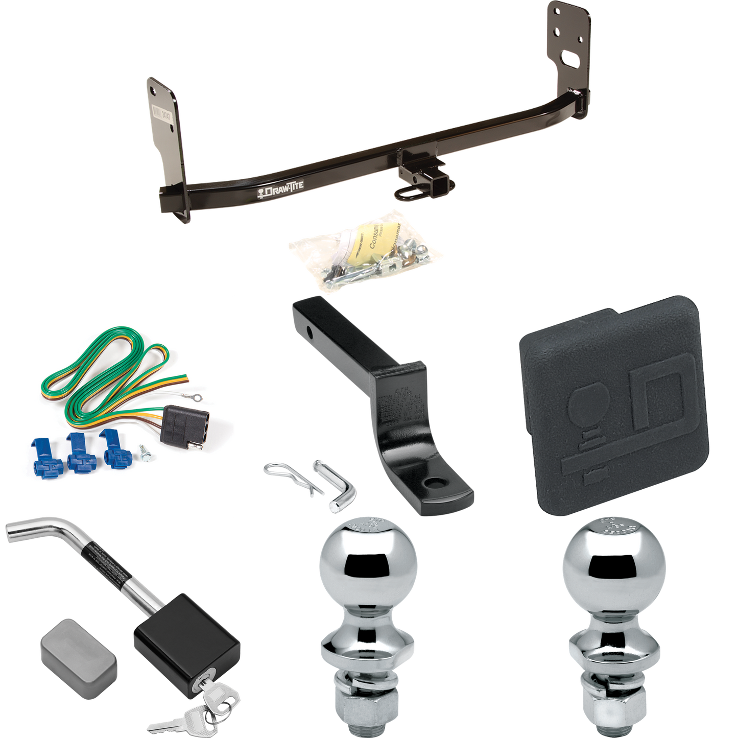 Fits 2005-2009 Ford Mustang Trailer Hitch Tow PKG w/ 4-Flat Wiring Harness + Draw-Bar + 1-7/8" + 2" Ball + Hitch Cover + Hitch Lock (Excludes: GT/CS (California Special)/Shelby GT/GT500 Models) By Draw-Tite