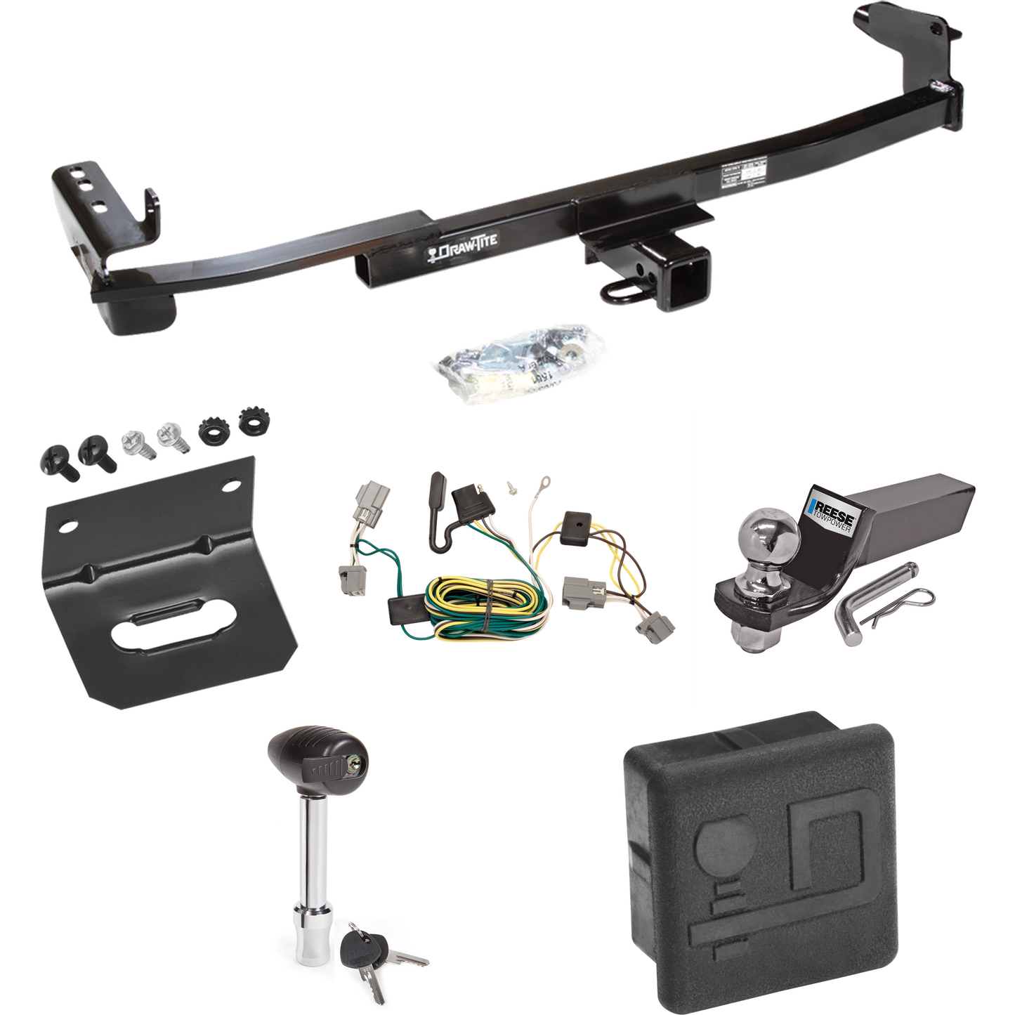 Fits 2005-2007 Ford Five Hundred Trailer Hitch Tow PKG w/ 4-Flat Wiring + Starter Kit Ball Mount w/ 2" Drop & 2" Ball + Wiring Bracket + Hitch Lock + Hitch Cover By Draw-Tite