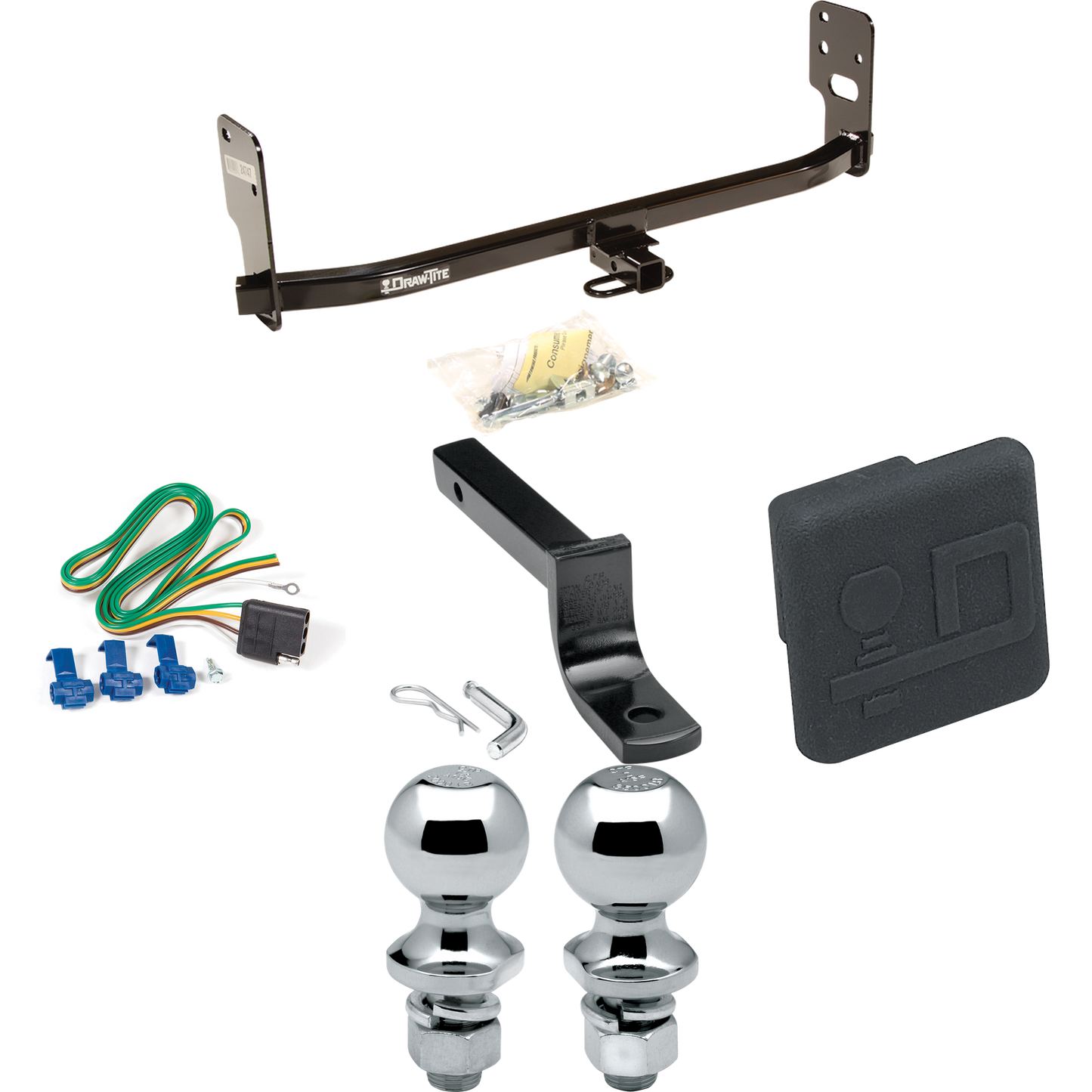 Fits 2005-2009 Ford Mustang Trailer Hitch Tow PKG w/ 4-Flat Wiring Harness + Draw-Bar + 1-7/8" + 2" Ball + Hitch Cover (Excludes: GT/CS (California Special)/Shelby GT/GT500 Models) By Draw-Tite