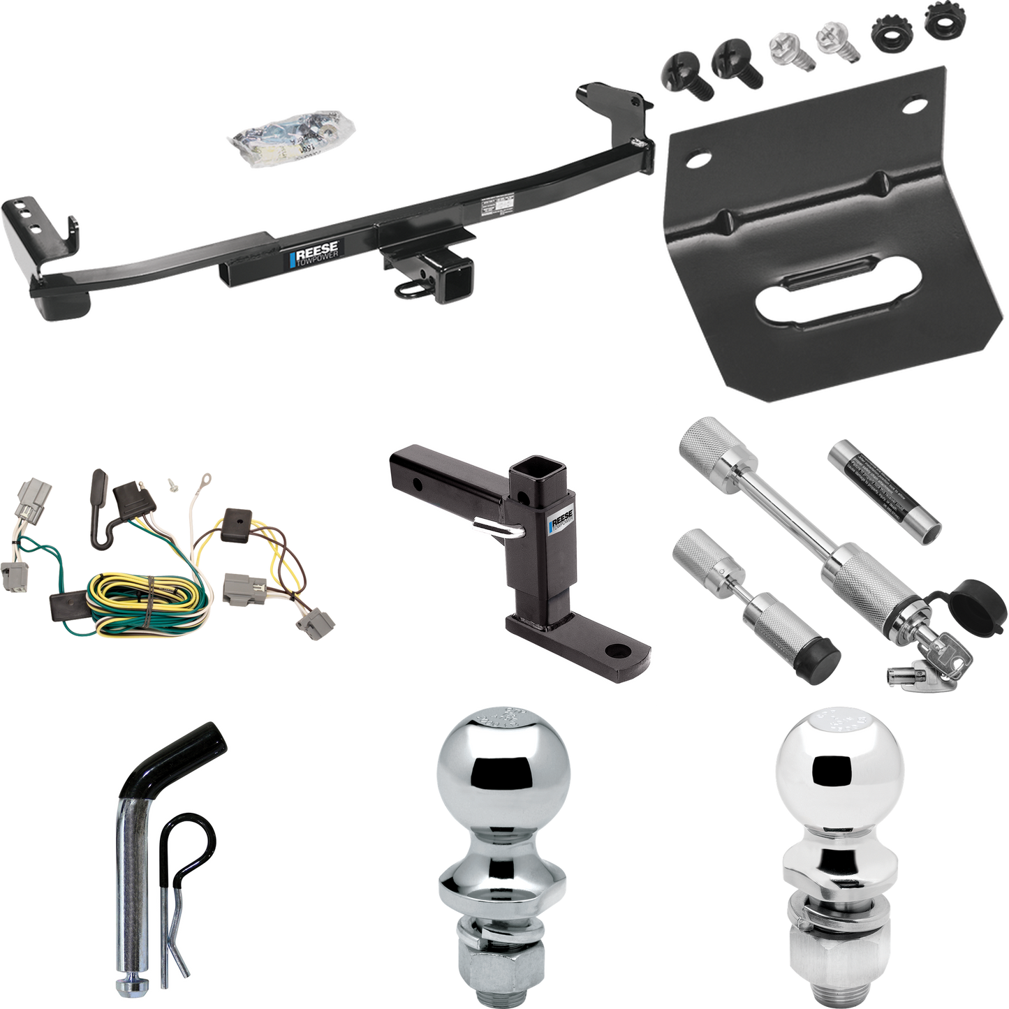 Fits 2005-2007 Ford Freestyle Trailer Hitch Tow PKG w/ 4-Flat Wiring Harness + Adjustable Drop Rise Ball Mount + Pin/Clip + 2" Ball + 1-7/8" Ball + Dual Hitch & Coupler Locks By Reese Towpower