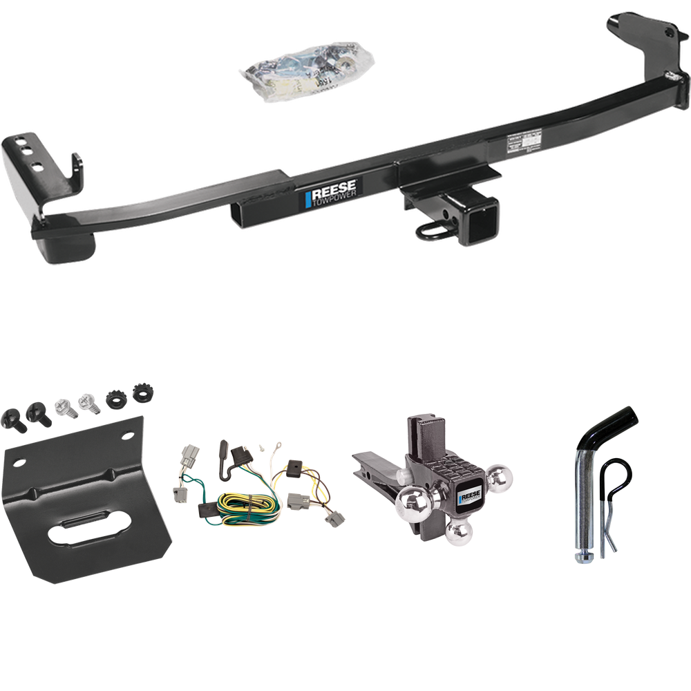 Fits 2005-2007 Ford Five Hundred Trailer Hitch Tow PKG w/ 4-Flat Wiring Harness + Adjustable Drop Rise Triple Ball Ball Mount 1-7/8" & 2" & 2-5/16" Trailer Balls + Pin/Clip + Wiring Bracket By Reese Towpower