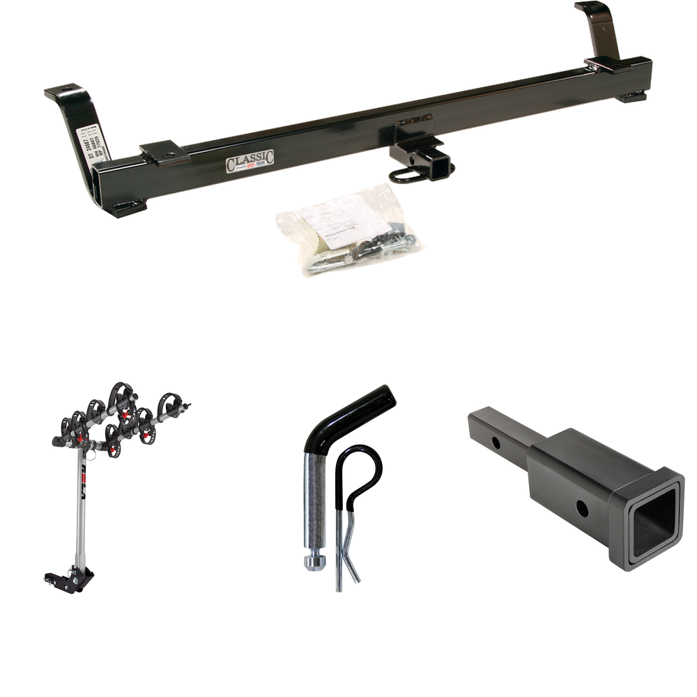 Fits 1994-1998 Ford Mustang Trailer Hitch Tow PKG w/ Hitch Adapter 1-1/4" to 2" Receiver + 1/2" Pin & Clip + 4 Bike Carrier Rack By Draw-Tite
