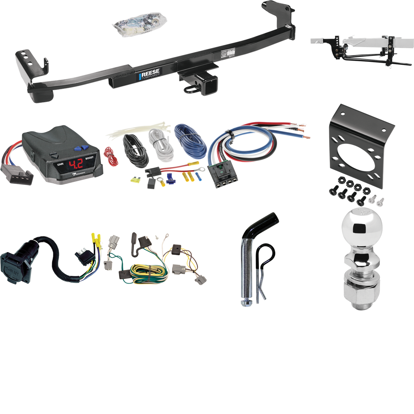 Fits 2005-2007 Ford Five Hundred Trailer Hitch Tow PKG w/ 6K Round Bar Weight Distribution Hitch w/ 2-5/16" Ball + 2" Ball + Pin/Clip + Tekonsha BRAKE-EVN Brake Control + Generic BC Wiring Adapter + 7-Way RV Wiring By Reese Towpower