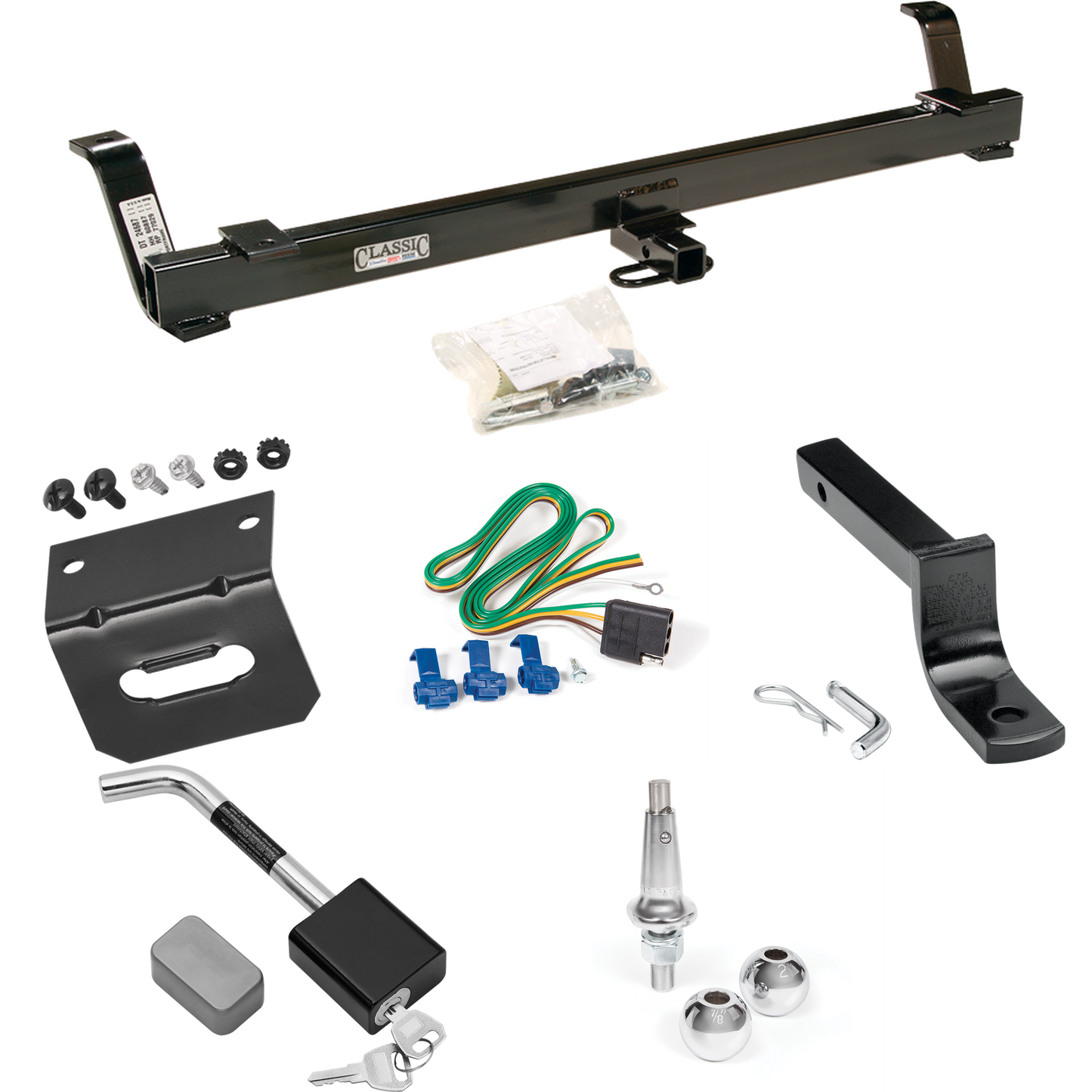 Se adapta al paquete de remolque con enganche para remolque Ford Mustang 1994-1998 con arnés de cableado de 4 planos + barra de tracción + bolas intercambiables de 1-7/8" y 2" + soporte de cableado + bloqueo de enganche de Draw-Tite