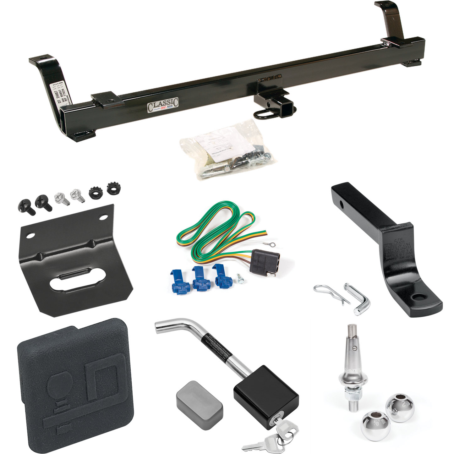 Fits 1994-1998 Ford Mustang Trailer Hitch Tow PKG w/ 4-Flat Wiring Harness + Draw-Bar + Interchangeable 1-7/8" & 2" Balls + Wiring Bracket + Hitch Cover + Hitch Lock By Draw-Tite