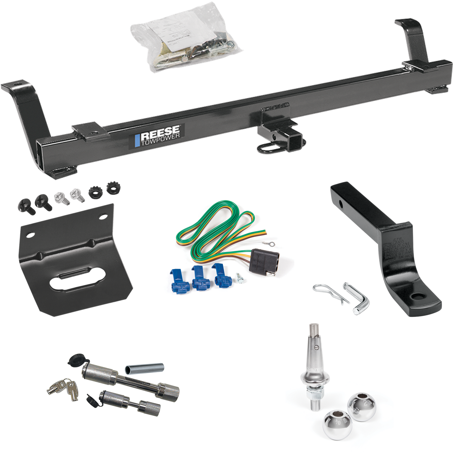 Fits 1999-2004 Ford Mustang Trailer Hitch Tow PKG w/ 4-Flat Wiring Harness + Draw-Bar + Interchangeable 1-7/8" & 2" Balls + Wiring Bracket + Dual Hitch & Coupler Locks (Excludes: Cobra SVT Models) By Reese Towpower