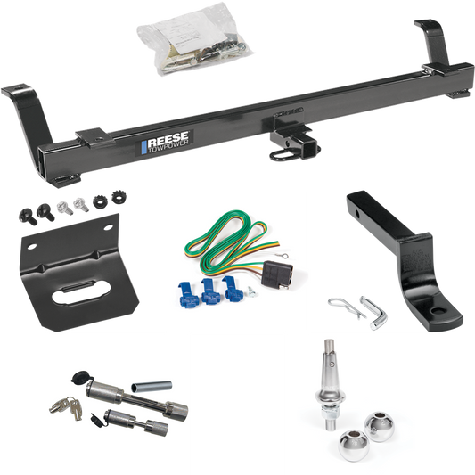 Fits 1999-2004 Ford Mustang Trailer Hitch Tow PKG w/ 4-Flat Wiring Harness + Draw-Bar + Interchangeable 1-7/8" & 2" Balls + Wiring Bracket + Dual Hitch & Coupler Locks (Excludes: Cobra SVT Models) By Reese Towpower