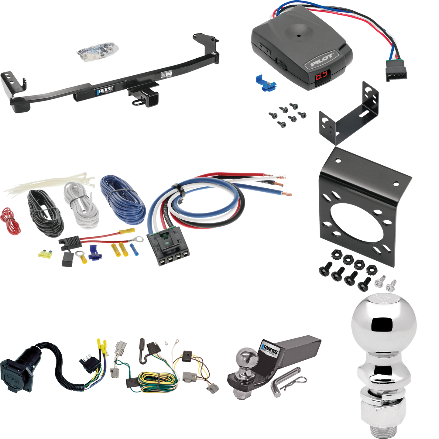 Fits 2005-2007 Ford Freestyle Trailer Hitch Tow PKG w/ Pro Series Pilot Brake Control + Generic BC Wiring Adapter + 7-Way RV Wiring + 2" & 2-5/16" Ball & Drop Mount By Reese Towpower