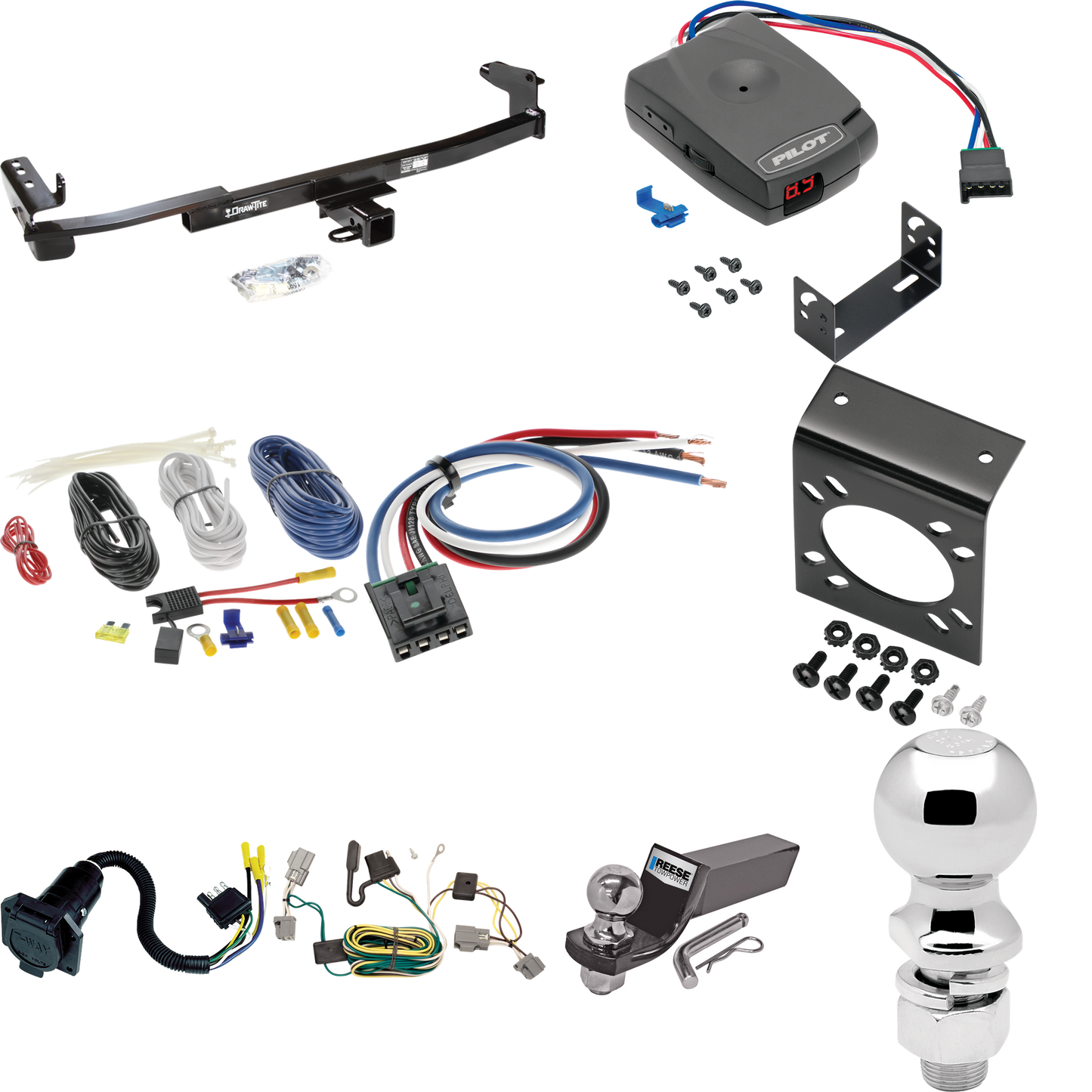 Fits 2005-2007 Ford Five Hundred Trailer Hitch Tow PKG w/ Pro Series Pilot Brake Control + Generic BC Wiring Adapter + 7-Way RV Wiring + 2" & 2-5/16" Ball & Drop Mount By Draw-Tite