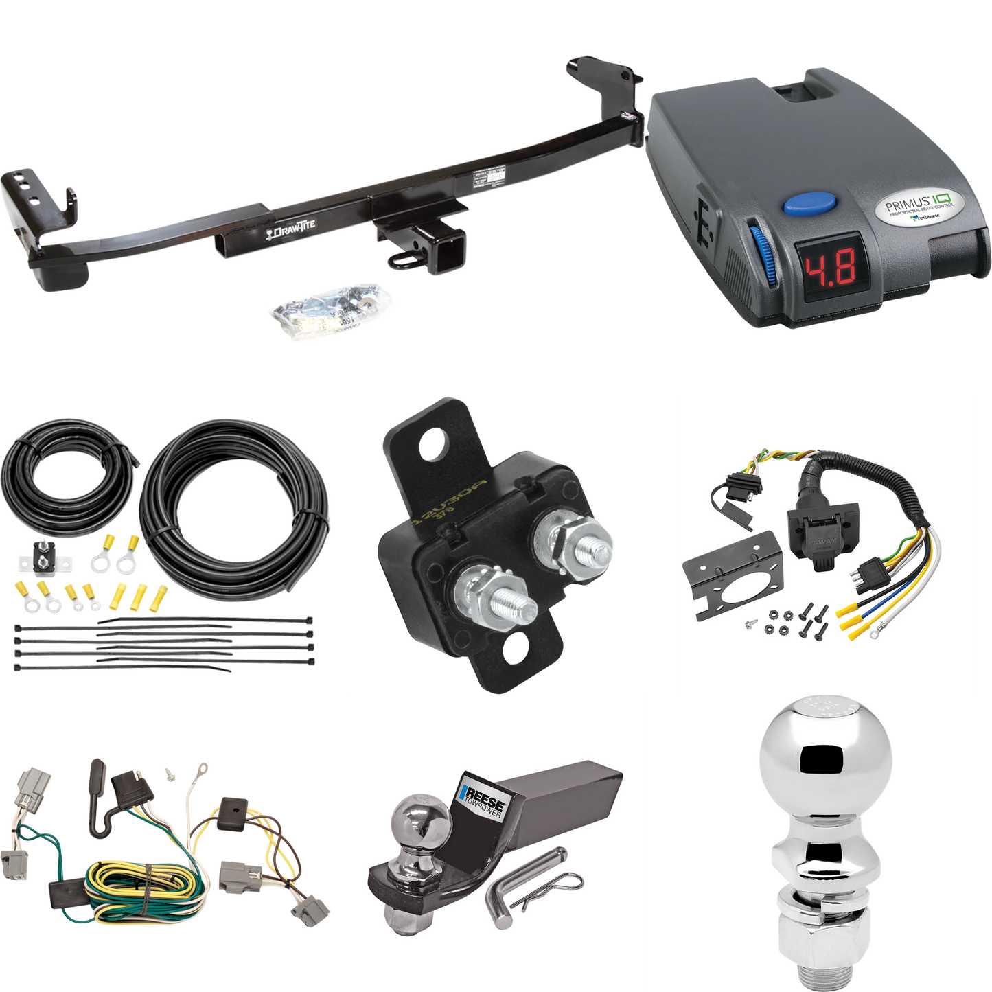 Fits 2005-2007 Ford Five Hundred Trailer Hitch Tow PKG w/ Tekonsha Primus IQ Brake Control + 7-Way RV Wiring + 2" & 2-5/16" Ball & Drop Mount By Draw-Tite