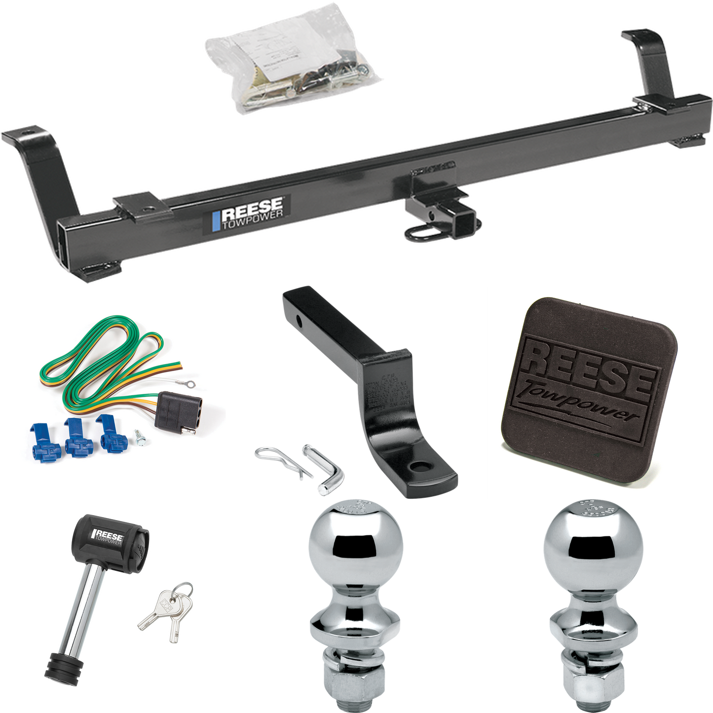 Fits 1999-2004 Ford Mustang Trailer Hitch Tow PKG w/ 4-Flat Wiring Harness + Draw-Bar + 1-7/8" + 2" Ball + Hitch Cover + Hitch Lock (Excludes: Cobra SVT Models) By Reese Towpower