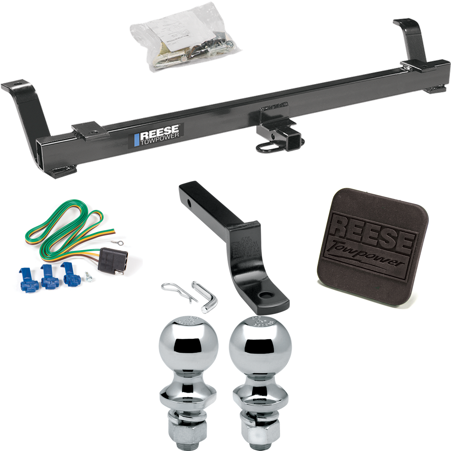 Se adapta al paquete de remolque con enganche para remolque Ford Mustang 1994-1998 con arnés de cableado plano de 4 + barra de tracción + bola de 1-7/8" + bola de 2" + cubierta de enganche de Reese Towpower