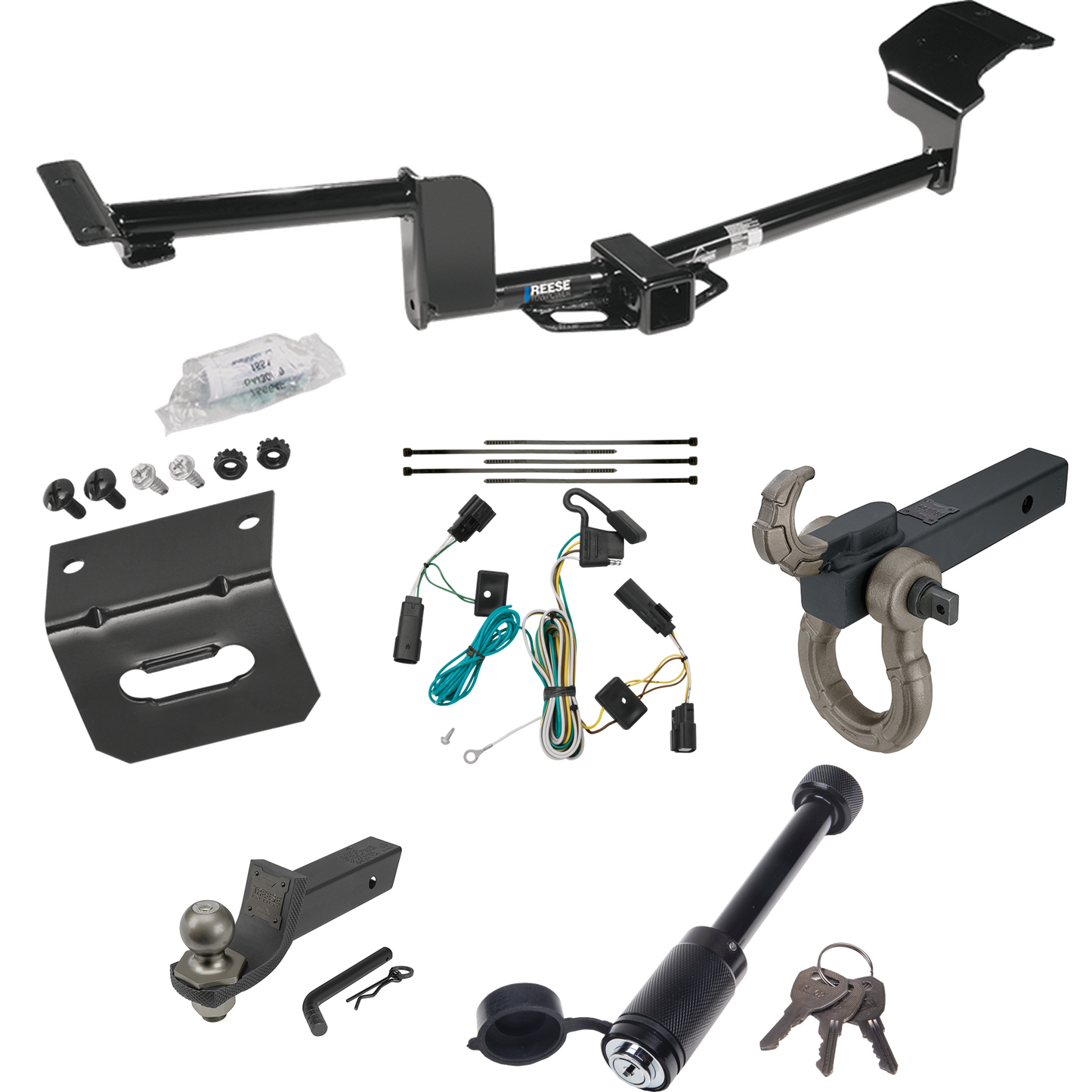 Fits 2009-2019 Ford Flex Trailer Hitch Tow PKG w/ 4-Flat Wiring + Interlock Tactical Starter Kit w/ 2" Drop & 2" Ball + Tactical Hook & Shackle Mount + Tactical Dogbone Lock + Wiring Bracket By Reese Towpower