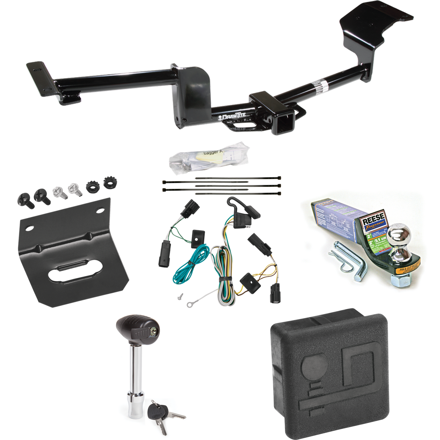 Fits 2009-2019 Ford Flex Trailer Hitch Tow PKG w/ 4-Flat Wiring + Starter Kit Ball Mount w/ 2" Drop & 1-7/8" Ball + Wiring Bracket + Hitch Lock + Hitch Cover By Draw-Tite