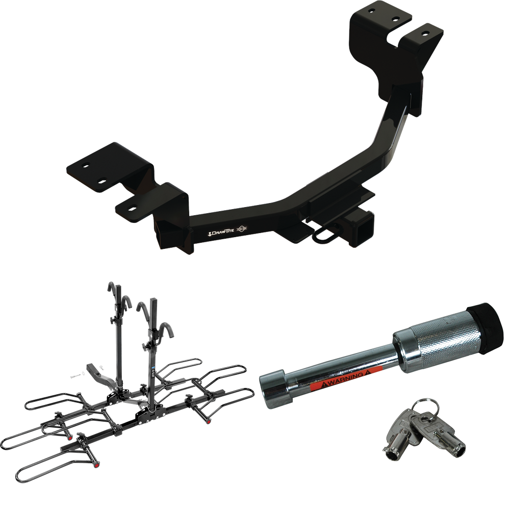 Fits 2022-2023 Ford Maverick Trailer Hitch Tow PKG w/ 4 Bike Plaform Style Carrier Rack + Hitch Lock By Draw-Tite