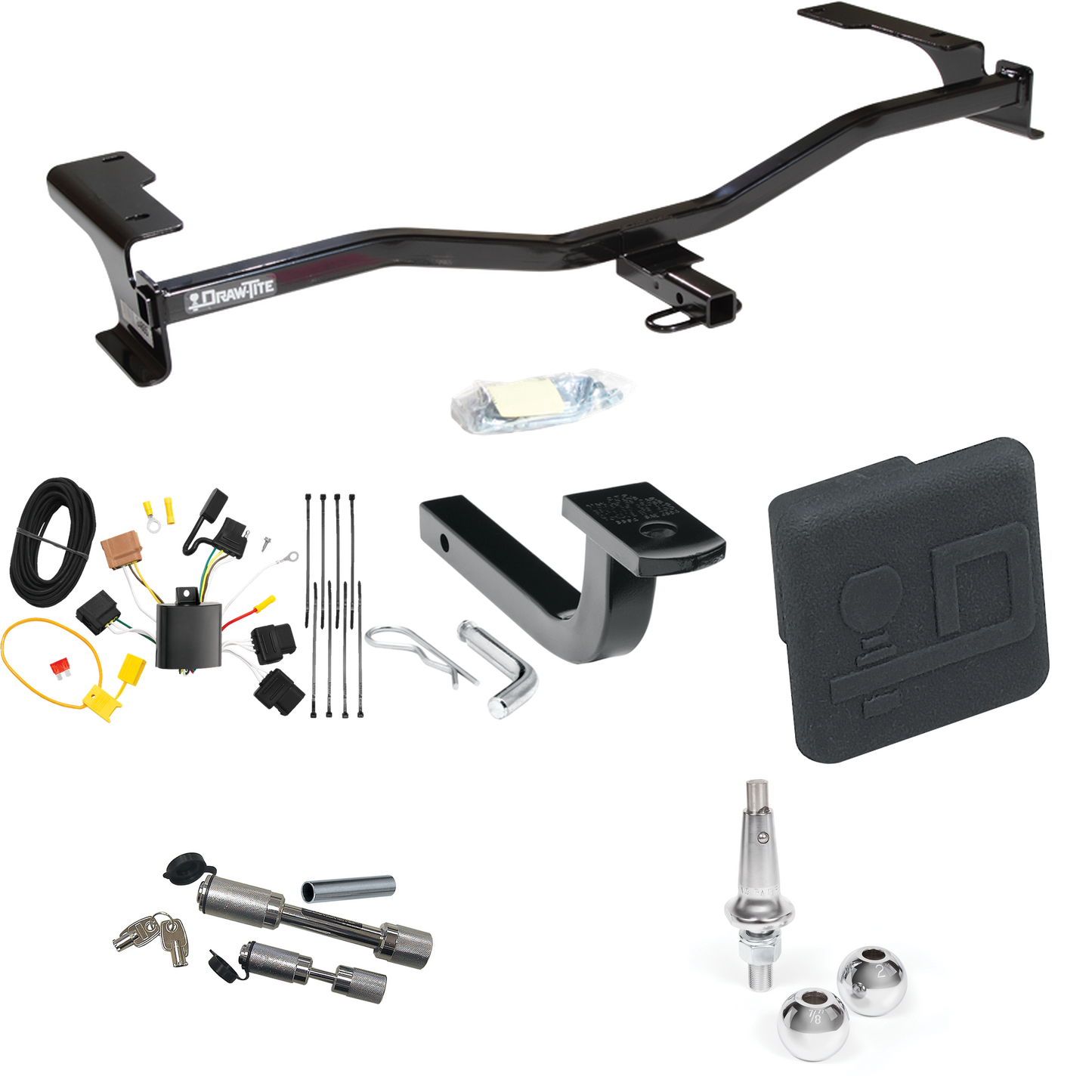 Fits 2010-2012 Ford Fusion Trailer Hitch Tow PKG w/ 4-Flat Wiring Harness + Draw-Bar + Interchangeable 1-7/8" & 2" Balls + Hitch Cover + Dual Hitch & Coupler Locks By Draw-Tite